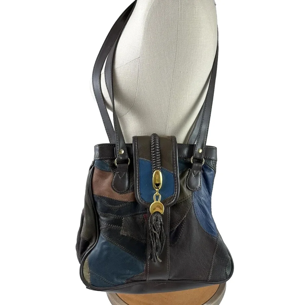 Brown Patchwork Lambskin Leather & Vinyl Multicolor Handbag Tassel Shoulder Boho